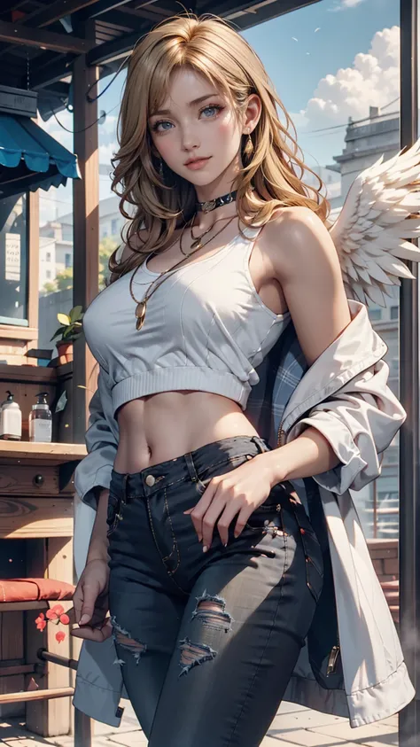  1 girl in uniform, medium breasts,  blonde hair ,  long hair,  wave hair,  gray eyes, white feathered wings, Angel,  outdoor, Midriff length white jacket,  Choker,  tank top in front of urinal, jeans、 long lashes、Eye Makeup、 lip gloss、smile、blue sky、cloud...