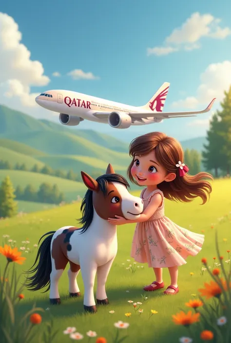 Small White, black, and brown horse, a girl, and a qatar airways plane phone wallpaper
