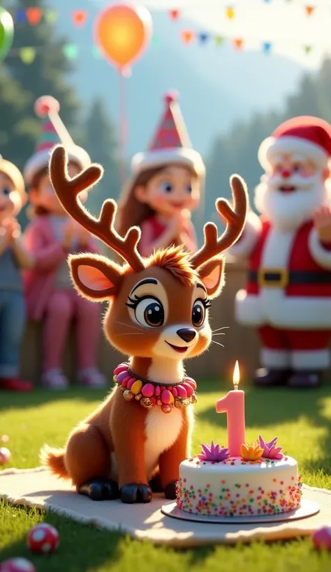  An incredibly cute Santas reindeer with a necklace of Christmas ornaments ,  with glowing eyes and an adorable smile ,  is celebrating its first birthday a landscape of green grass and mountains in the background.  Santas reindeer is sitting on the carpet...