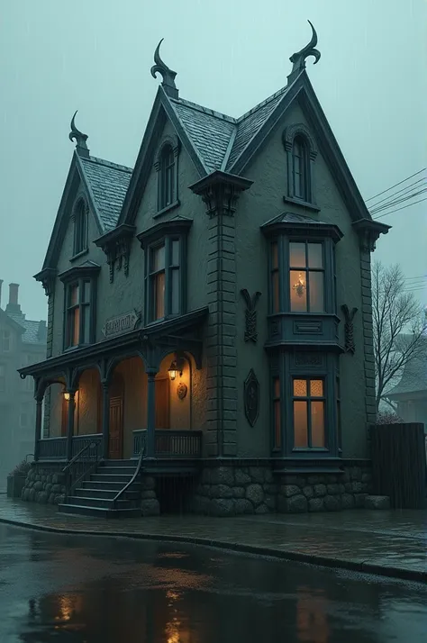 ((Best quality, 8k, Masterpiece: 1.3)), Sharp focus: 1.2, ,Ultra realistic, photorealistic, unreal engine, cinematic realism, Arkham Police Staton department shorter building from the Arkham Horror series while in a rainy storm