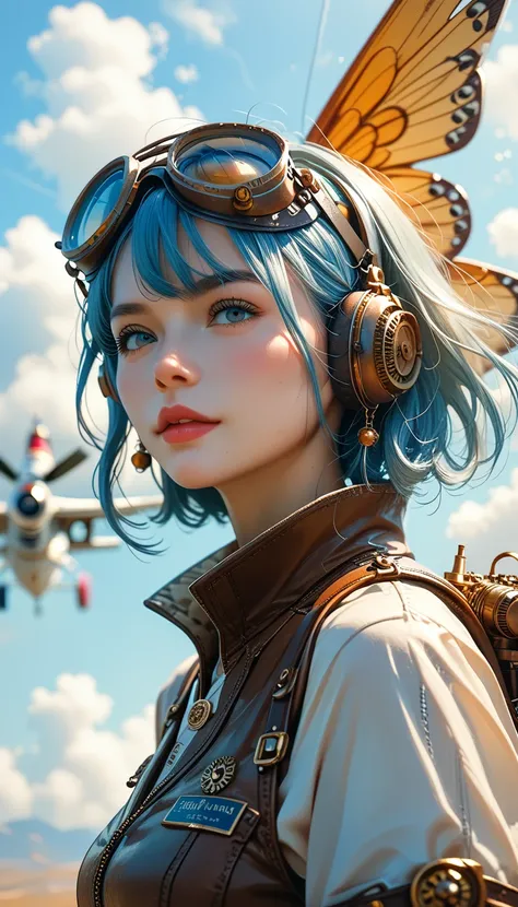  steampunk、 dragonfly flying with steam engine、Small single-seater airplane 、Pilot by a girl、goggles、