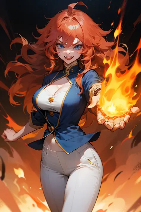 Mereoleona orange hair、grin、bangs、long hair,  cowlick at the top of the head 、Big Breasts ,cleavage 、blue eyes, Thighs、look at me, get angry ,Anatomically Correct ,she haves fang, Punch on the screen　fire  Punch,Punch on you、Her hands are fire ,Line of sig...