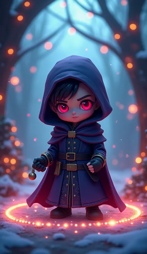 hood, solo, robe, copyright_name, magic, Dark face with only the eyes visible, holding, red_eyes, wizard, With purple cape book, no_humans, magic_circle, looking_at_viewer, 1other, character_name, wand, standing, cloak, hat, staff, full_body, Christmas dec...