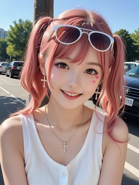 8k, real, realistic , super concentration , Japanese, cute girl,Cute idol,Heavy makeup,Under-eye bags makeup,Wearing sunglasses , cute face,Cheerful smile, Cheerful Expressions ,Sparkling, open your mouth, white pink hair with twin tails, girly attire ,new...