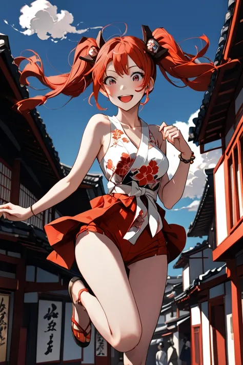   Masterpiece ,  great quality,  top quality,  high definition , 4K, 8k, 超 high definition , 
 Ukiyo-e painting style ,The Vermilion World ,
1girl, hot pants,  perfect eye details , Tourist city ,whole body, jumps up,Mischievous expression、twintails
