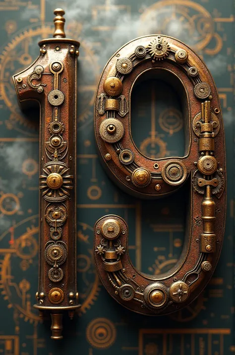 Steampunk Mechanism

"A masterfully designed "19" brought to life through intricate steampunk artistry. Each numeral is constructed from finely detailed gears, cogs, and pipes, all rendered in a rich blend of bronze, copper, and antique gold. The textured ...