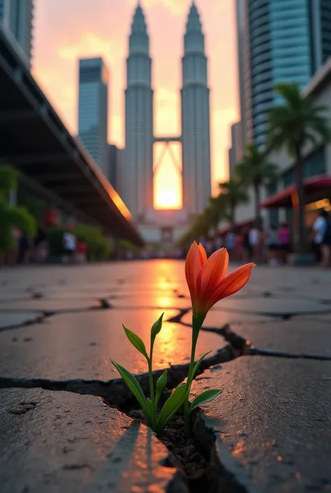 generate a flower alone between the cracks in the sidewalks at a train station and a sunset, city Petronas twin towers realistic image, sharp and of good quality