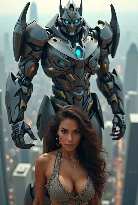 A beautiful latina woman with flowing long hair big breasts transforms into a huge transformer robot sits on top of a tall building