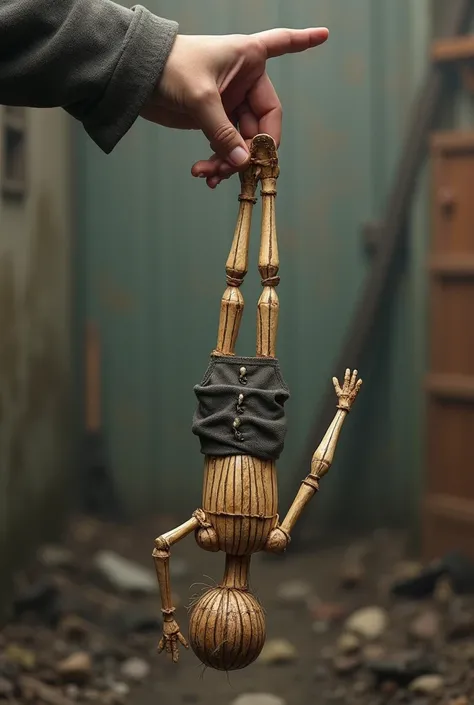  Don Quixote Doll ,  made with matchsticks , Realistic real ,  being held by one hand by the leg, hanging,  upside down , Realistic real . Bottom, World War 2 