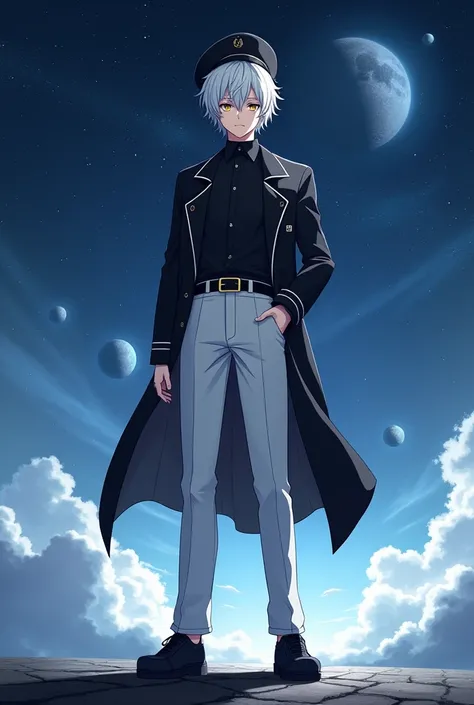 highly detailed, anime male character, wearing a black sailor hat, short white hair, yellow eyes, fair skin, smiling, black shirt, black coat, long white pants, black shoes, 1.80m tall, standing in outer space background, cool and confident expression, cin...