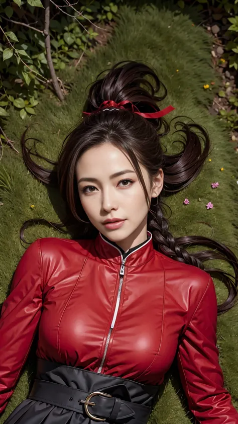 masterpiece,  top quality , Phemonica,  Hair Burn , braid,  red ribbon, black jacket, black skirt, Red stockings, Upper body, From above,  because Im tired, grass,  watching viewers, Im lying on my back , laugh, garden 