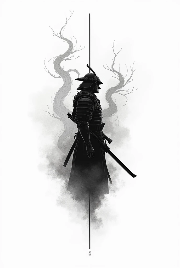  create a black and white tattoo with a solid white background,  format about a minimalist Japanese samurai ; Add clouds and an elongated design .  the image you must give me the one in 9 :16 for front arm 