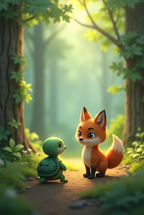 I NEED A CUTE ANIMATED TURTLE WITH ITS SHELL SHINING LIKE CELESTE. THE TURTLE MUST BE SMALLER THAN THE FOX AND MUST STAND WITH ITS BACK TO AN ANIMATED FOX AND BOTH MUST BE IN THE WOODS