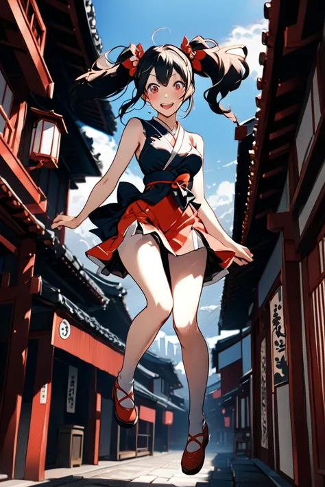   Masterpiece ,  great quality,  top quality,  high definition , 4K, 8k, 超 high definition , 
 Ukiyo-e painting style ,The Vermilion World ,
1girl, miniskirt,  perfect eye details , Tourist city ,whole body, jumps up,Mischievous expression、twintails
