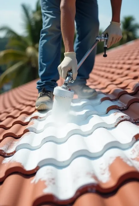 Ai picture of some one a roof coating a tiled roof white with a paint spray gun 