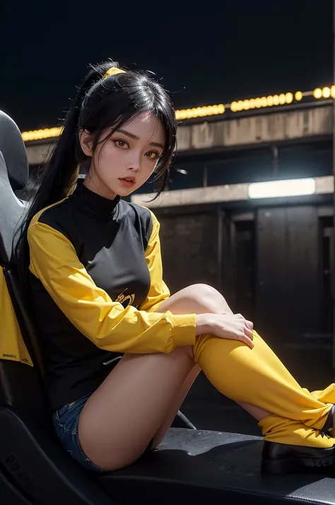 Southeast Asian woman((Twenty-five years old)), expressive yellow eyes, ponytail hair ((black)), wearing yellow shirt, denim shorts, dynamic pose((reclined)), solo, London city ((night)), (absurdes), (ultrasharp), (masterpiece), (best quality), (8k), (uhd)...