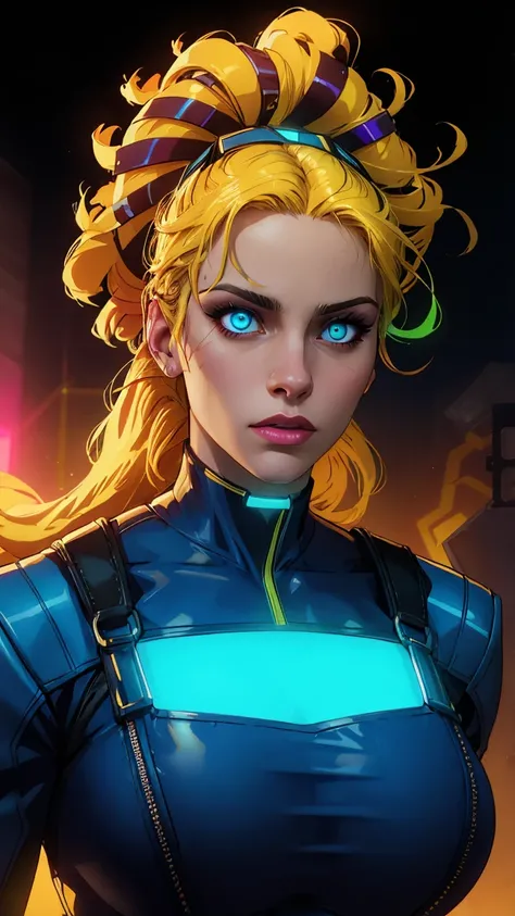 a woman with royal blue and yellow hair, wearing xmen rogue clothes, afrofuturism, synthwave, neon, glowing neon, huge breast, digital art, behance contest winner, detailed face, hyperrealistic, cinematic lighting, volumetric lighting, 8k, ultra-detailed, ...