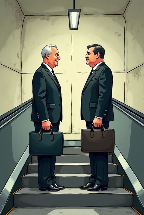 Draw a cartoon  with two businessmen in black suits each holding a briefcase in his hand.

They are standing on the same step of an escalator in a subway station 

One of the men faces up the escalator while the other man stands with his back.

In the back...