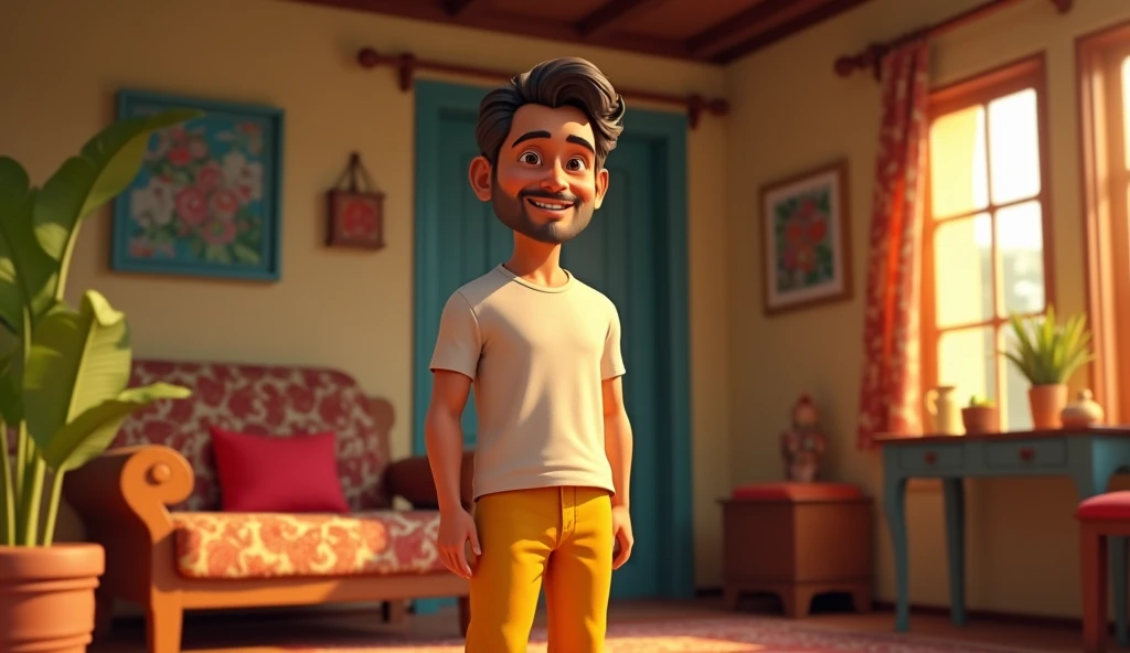 Indian man in the house,in cinematic 3d cartoon style.man wearing tshirt and yellow colour pant.