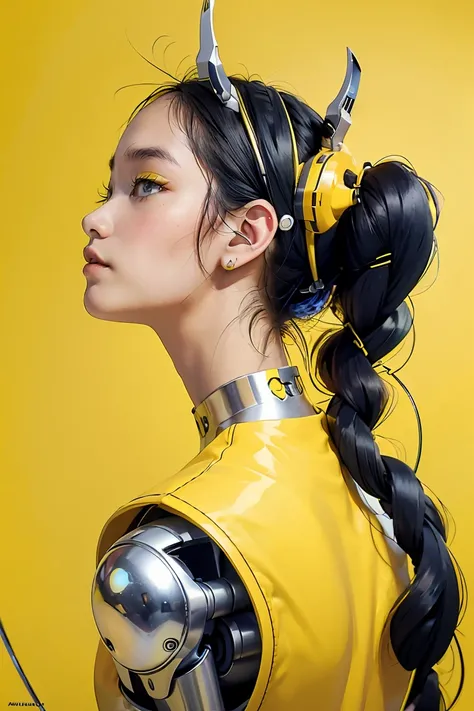 profile photo, in front of the yellow wall, Asian cyborg woman without body, connected by cable, Twisted cable and wire and LED, Charming eyes bodypunk PLC robot、silver motor head, with ray gun, 80 degree field of view, art by：sergio lopez, natalie shau, J...