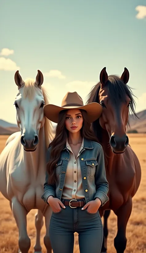 Small 1 white horse, 1 brown horse, and 1 black horse, with a western pretty face cowgirl and a qatar airways plane phone wallpaper