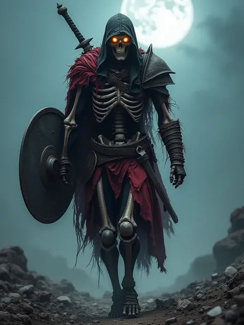 A skeletal warrior, wearing a torn red cape, is adorned in torn and ripped armor. He wields a Viking shield in one hand and a short sword in the other. His eye sockets glow with an eerie light as he strides toward you with a determined stride. The skeletal...