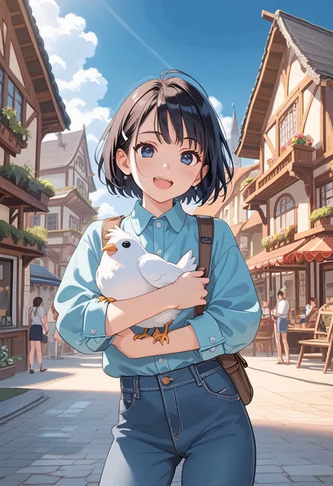 cartoon girl holding a white chicken in front of a house, official illustration, rens animated films, animated film, official art, animated still, a still of a happy, animated film still, rens tv show, animated movie, with his pet bird, animated series, an...