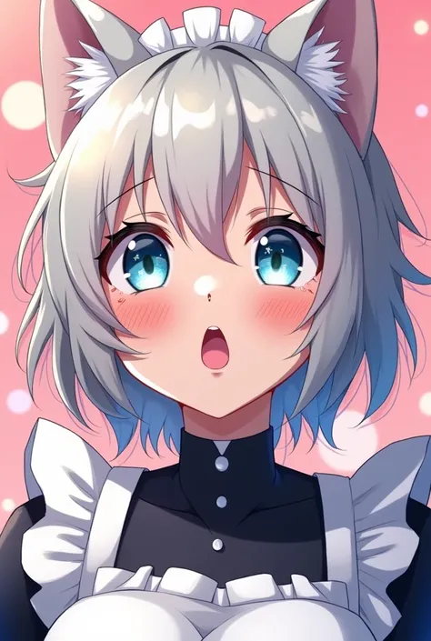  Close-up of an improved masterpiece:1.5)0.9], (Space and astronauts:1.2) ( Messy silver hair:1.1) ( Heterocre An anime-style illustration of a catgirl in a maid .  The facial expression is an exaggerated and dramatic Typical meme ,  with big eyes looking ...