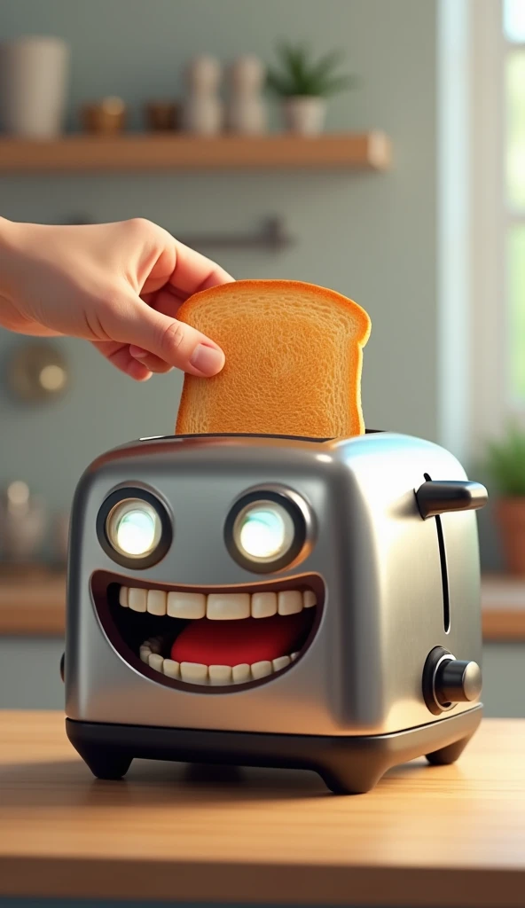 A human hand places a slice of bread into the toaster. The toaster’s digital eyes light up with excitement, and its mouth forms a cheerful grin.
