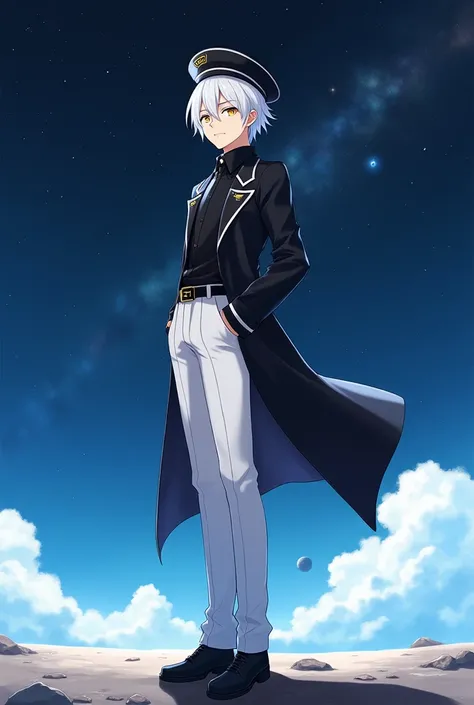 highly detailed, anime male character, wearing a black sailor hat, short white hair, yellow eyes, fair skin, smiling, black shirt, black coat, long white pants, black shoes, 1.80m tall, standing in outer space background, cool and confident expression, cin...