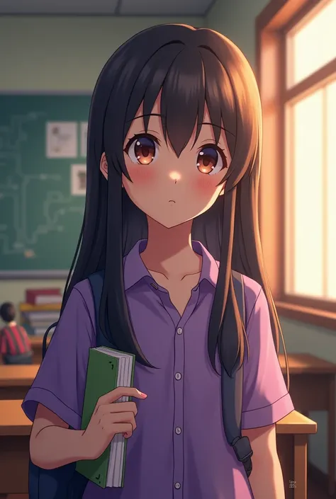 An elementary school student,  long hair ,  looking straight ahead , with backpack,  with books in hand , with classroom background , with a purple or green shirt,  atmospheric lighting,  warm colors , practical, Photographic,  vibrant colors, picturesque,...