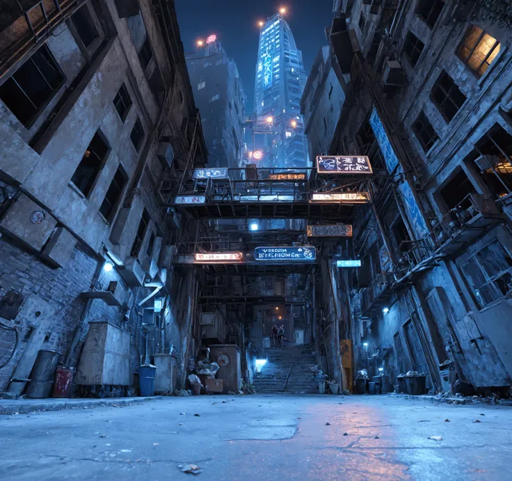 Looking up, the camera is close to the ground, cyber style, cyber night, alley with neon lights at night, low-lying ground, realistic ground texture, complete ground, abandoned low buildings on both sides of the picture, dilapidated low buildings, pipes an...