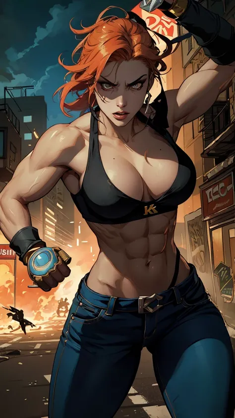 "(best quality,4k,8k,highres,masterpiece:1.2),professional,character design,illustration,fighting game,female,street fighting outfit,muscular yet feminine,powerful pose,meticulous facial features,vibrant colors,dynamic lighting,grim urban backdrop"