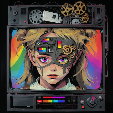 VHS, glitch, distorted, nostalgia, 90s retro vibes, analog tape, vcr aesthetics, tv, television, hand drawn, (full roygbiv color) ink charcoal expressive illustration, no light source, darkness, light mask uv rays across face, apparition, haunting, (wordle...