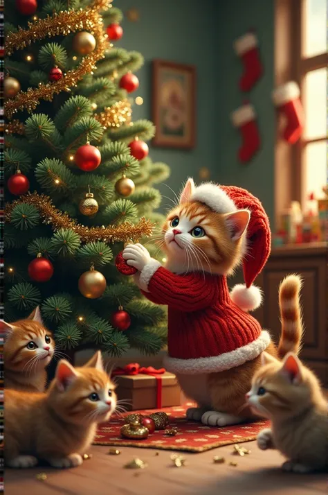 the cat is dressed like a human and is decorating the Christmas tree with his family