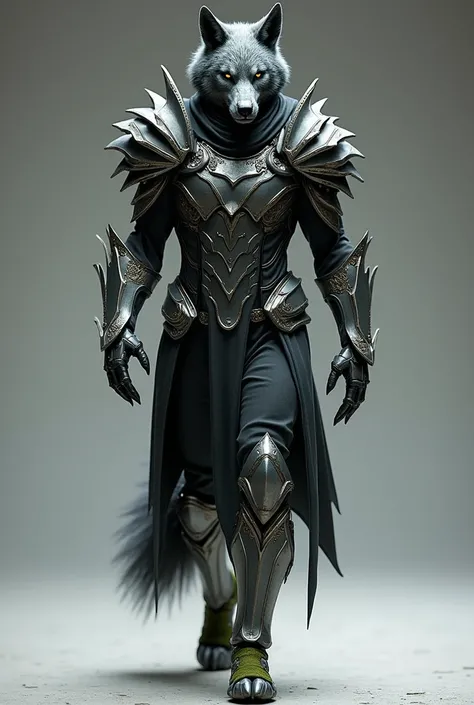 Image of the full-body character walking.  Lycos armor is a combination of dark leather , metal and fur ,  reflecting its transformation into a wolf .  The upper part of its armor has metallic details with wolf skin textures,  especially on the shoulders a...