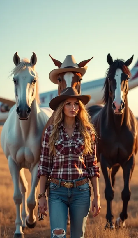 1 white arabian horse, 1 brown thoroughbred horse, 1 black appaloosa horse, with a western pretty face cowgirl and a qatar airways plane phone wallpaper