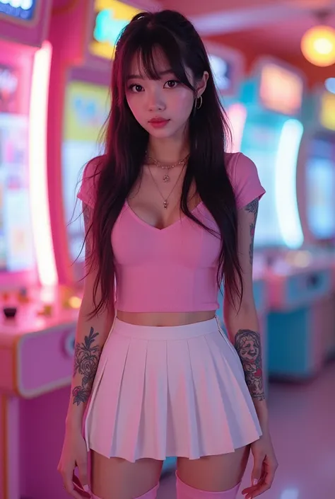  create an image of a South Korean woman , round face, pink thick lips,  long dark brown hair with bangs , colorful kawaii tattoos ,  wears a short pink V-neck , a white pleated skirt ,  light pink thigh high socks,  top in a kawaii gaming machine room 