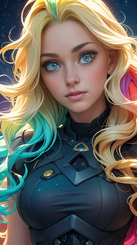 ((a mature teenage girl with curly rainbow hair)), ((multicoloured blonde hair)), naked, Caucasian, pale skin tone, ((one blue eye and one green eye)), large perky breasts, facing camera, detailed face, high quality, 4k, photorealistic, cinematic lighting,...