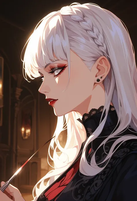 Insanely detailed painting of a gorgeous woman, goth Renaissance, long voluminous white hair, intricate white eyes, fantastical, vampire, ethereal, hyperdetailed, 32k resolution, dynamic lighting, hyperdetailed, intricately detailed, trending on Artstation...