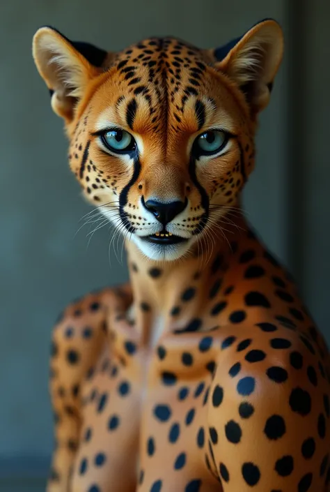 A sexy furry cheetah High resolution,  animal ears, smile,  blue eyes ,  simple background , 