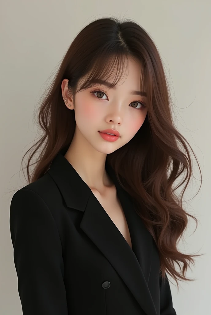  brown-haired girl , Honey eyes , straight bangs,  white skin . dressed in a black suit 