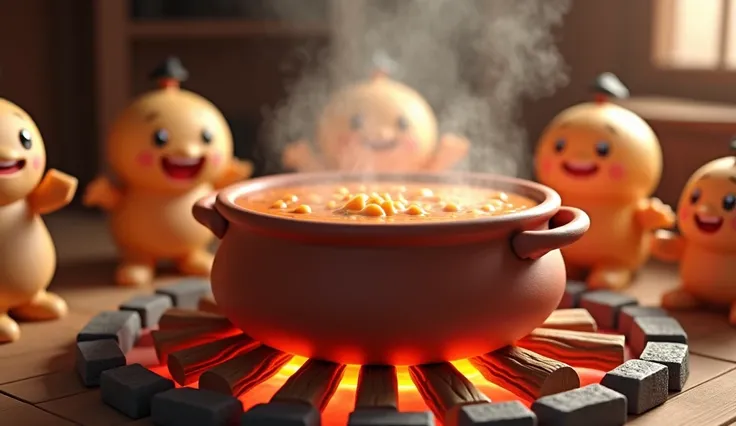  A big pot of soup is cooking ,  at the bottom is firewood and the fire is burning, red and orange flames ,  chibi style 3d