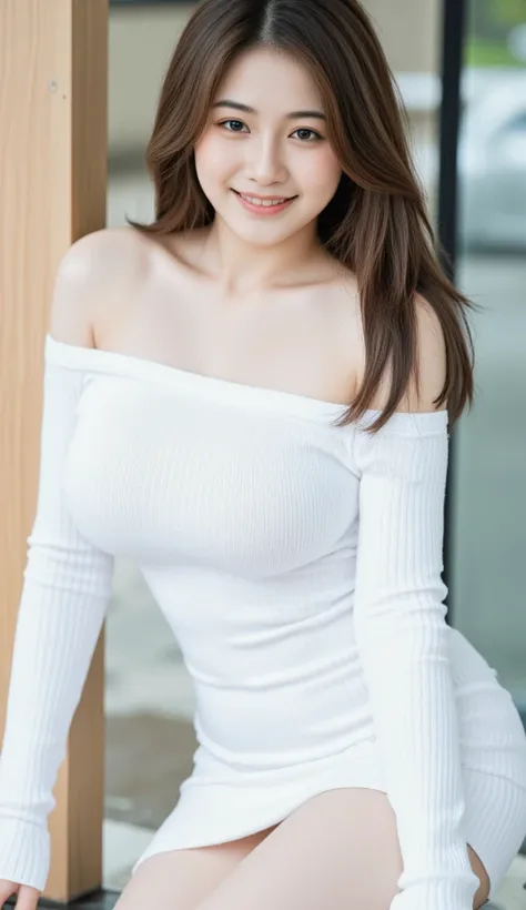 Beautiful Japanese Mature Woman、smile、Saggy breasts、Pussy,、virgin killer sweater, (sweater dress:1.2), ribbed sweater,sideboob,cleavage cutout, turtleneck sweater,(white sweater:1.3),crop top navel,(m),(body),