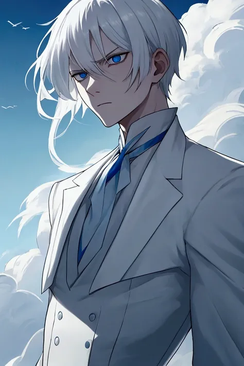 albino boy with short white hair ,  intense sky blue eyes and elegant white clothes, black and blue,  male , in the coming, inviting, high, Serious, Annoying