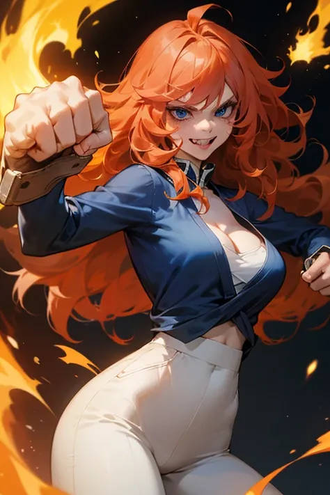 Mereoleona orange hair、grin、bangs、long hair,  cowlick at the top of the head 、Big Breasts ,cleavage 、blue eyes, Thighs、look at me, get angry ,Anatomically Correct ,she haves fang, Punch on the screen,Punch to you、Her fists are fire ,Line of sight,Navy blue...