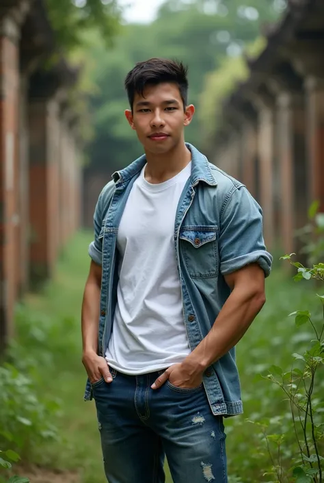  Korean Man Wearing White T-Shirt, Denim Shirt  , (((Big arm muscles,  tight breasts ,  Muscle Bundle, ))), ((( Jeans . จ้องLook at the cameraพร้อมรอยยิ้มบางๆ))), (((Men with short hair))), (((, big muscles, big torso))), (((Seductive fit body ))), ((Short...