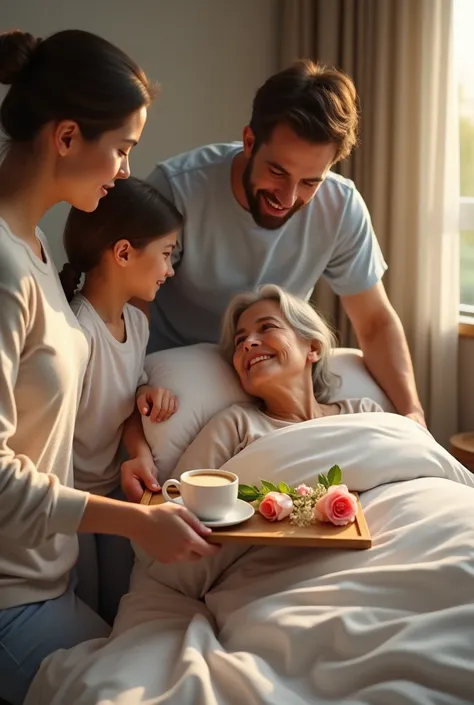  husband and daughter bringing her a cup of coffee, On a tray with flowers and roses , To the mother who is lying in bed awake in a real non-animated version 