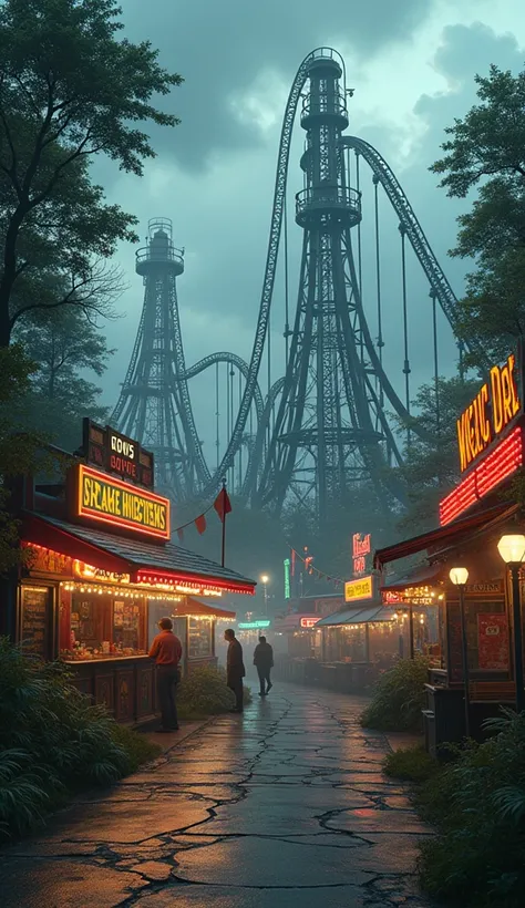 Create an ultra-realistic depiction of a vibrant, yet ominous, amusement park, referencing the first episode of Dungeons & Dragons. The scene captures the moment when the characters are transported into the fantastical world, blending the real and the magi...