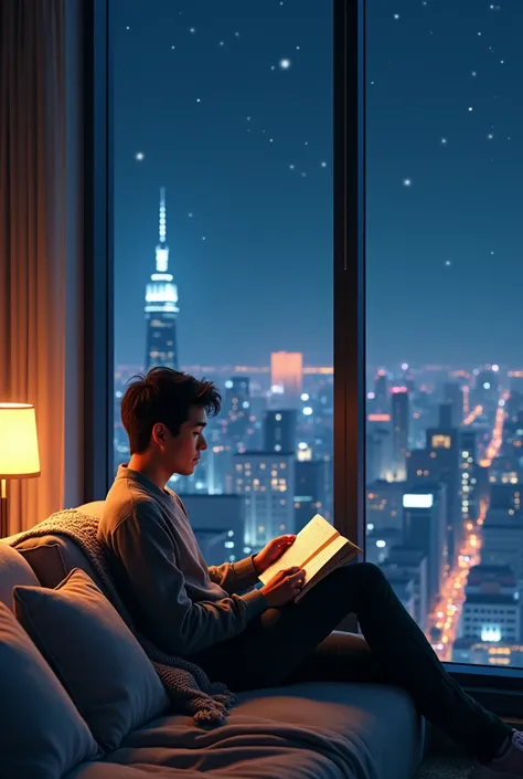 a young man reading, sitting in a sofa in a high floor apartment, looking outside a window in winter starry night city